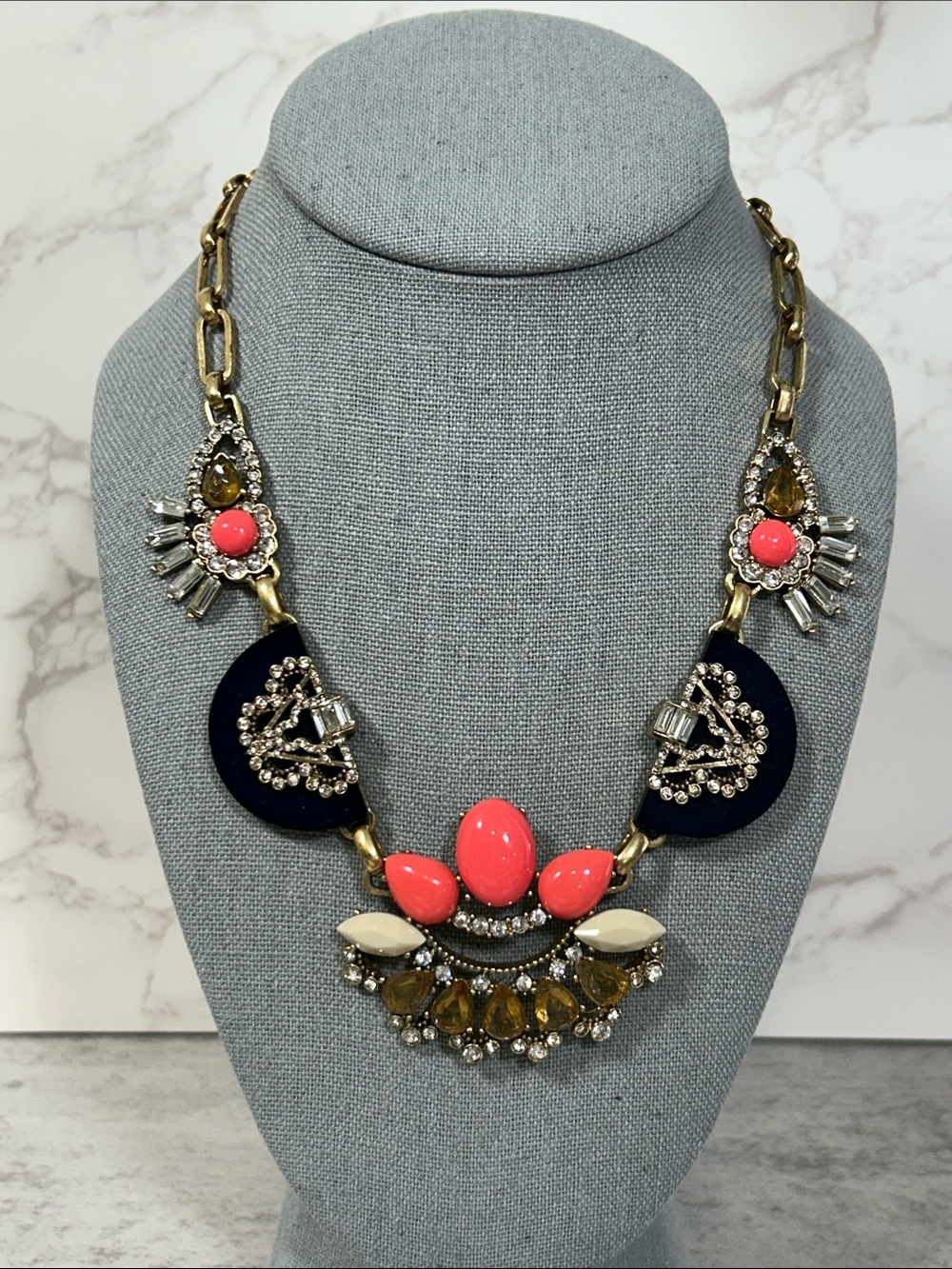 Statement Coral & Navy Crystal Bib Necklace